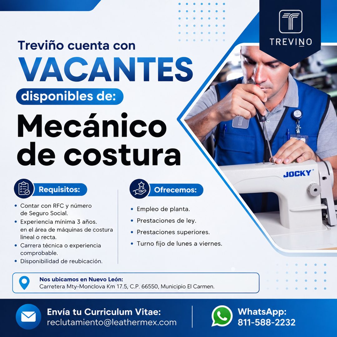 Banner del anuncio de la vacante: Treviño cuenta con · VACANTES · disponibles de: · Mecánico · de costura · TREVINO · JOCKY® · Requisitos: · • Contar con RFC y número · de Se