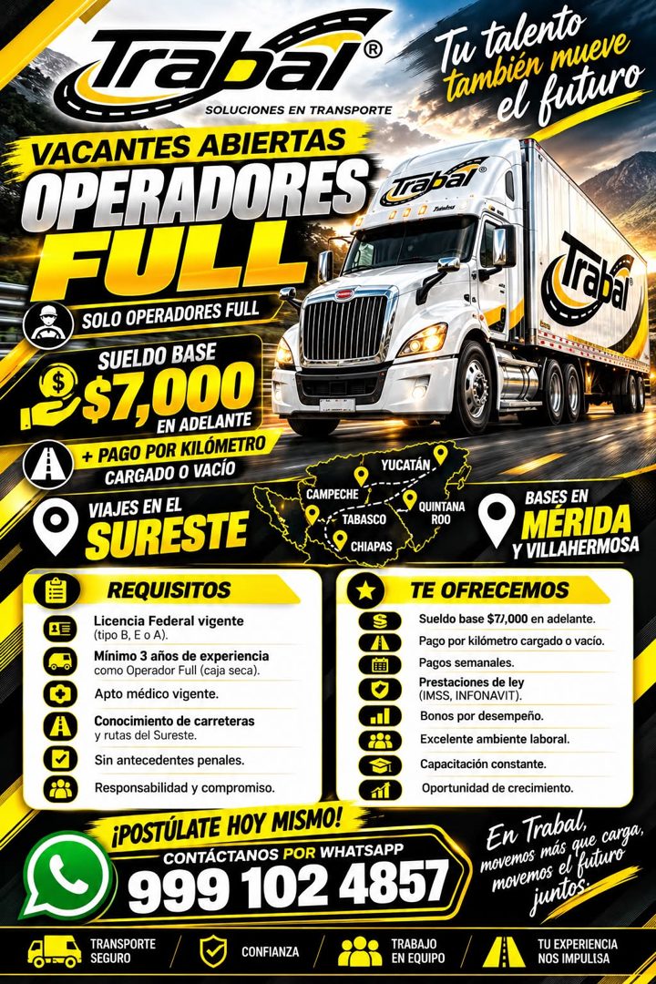 Banner del anuncio de la vacante: Trabal® · SOLUCIONES EN TRANSPORTE · VACANTES ABIERTAS · OPERADORES Tabal · FULL · SOLO OPERADORES FULL · Tu talento · también mueve · el fu