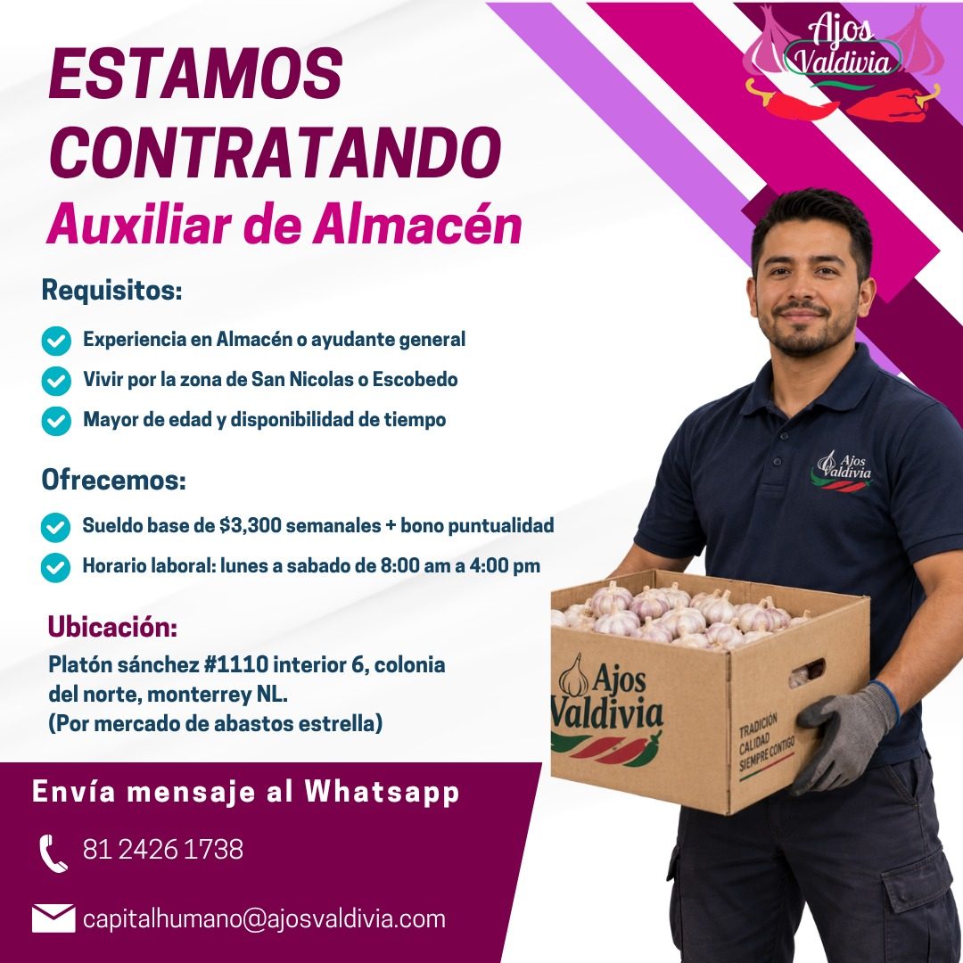 Banner del anuncio de la vacante: ESTAMOS · CONTRATANDO · Auxiliar de Almacén · Requisitos: · Experiencia en Almacén o ayudante general · Vivir por la zona de San Nicolas o E