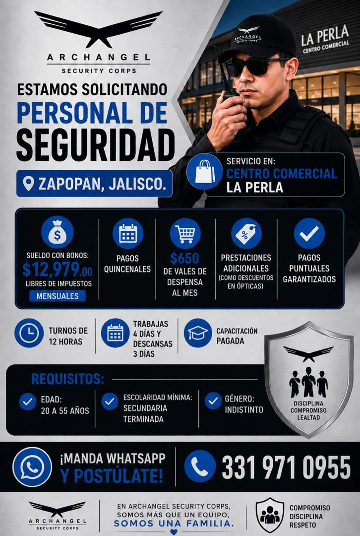 Banner del anuncio de la vacante: ARCHANGEL · RECOMITE CORPO · LA PERLA · CENTRO COMERCIAL · ARCHANGEL · SECURITY CORPS · ESTAMOS SOLICITANDO · PERSONAL DE · SEGURIDAD · © ZA