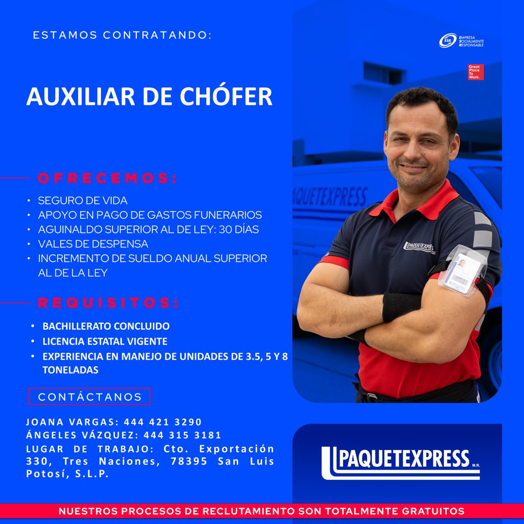 Banner del anuncio de la vacante: ESTAMOS CONTRATANDO: · EMPRESA · SOCIALMENTE · RESPONSABLE · Great · Place · Work. · AUXILIAR DE CHÓFER · OFRECEMOS: · • SEGURO DE VIDA · • 