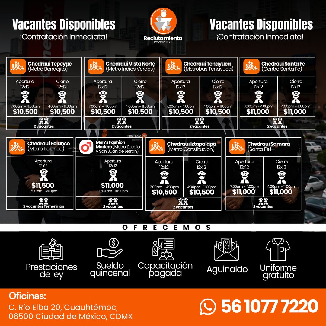 Banner del anuncio de la vacante: Vacantes Disponibles · ¡Contratación Inmediata! · Chedraui Tepeyac · (Metro Bondojito) · Apertura · 12x12 · Cierre · 12x12 · 7:00am - 4:00pm