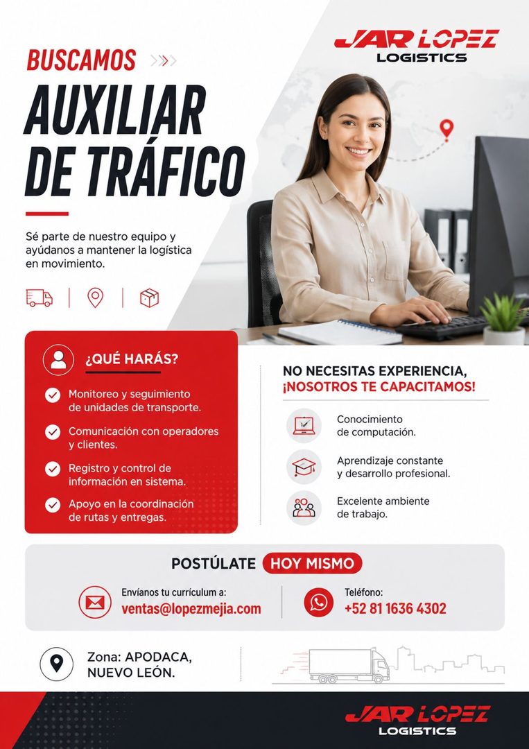 Banner del anuncio de la vacante: JAR iOPEZ · LOGISTICS · BUSCAMOS · AUXILIAR · DE TRÁFICO · Sé parte de nuestro equipo y · ayúdanos a mantener la logística · en movimiento. 