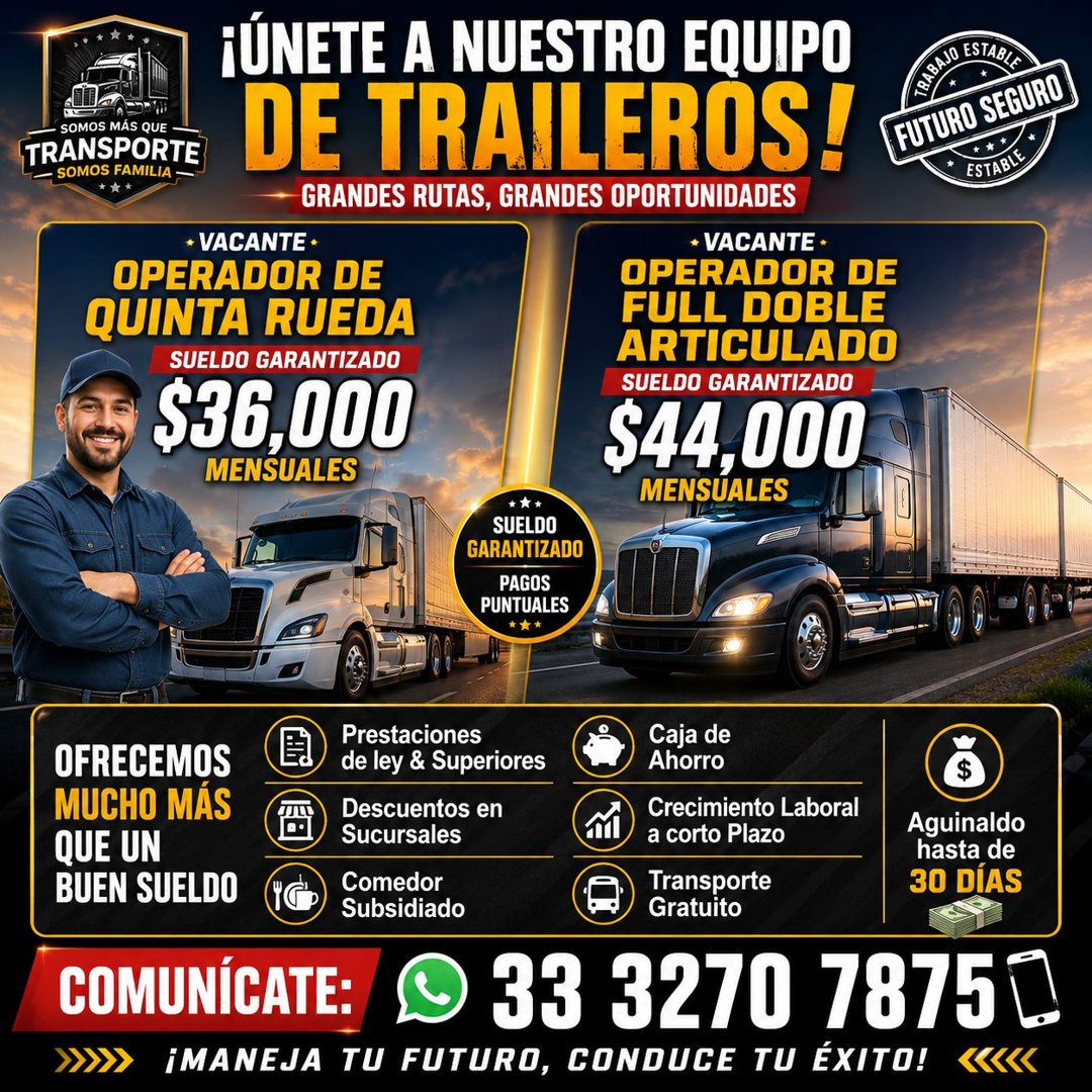 Banner del anuncio de la vacante: ¡ÚNETE A NUESTRO EQUIPO · SOMOS MAS QUE · TRANSPORTE · — SOMOS FAMILIA · DE TRAILEROS! · GRANDES RUTAS, GRANDES OPORTUNIDADES · + VACANTE + 