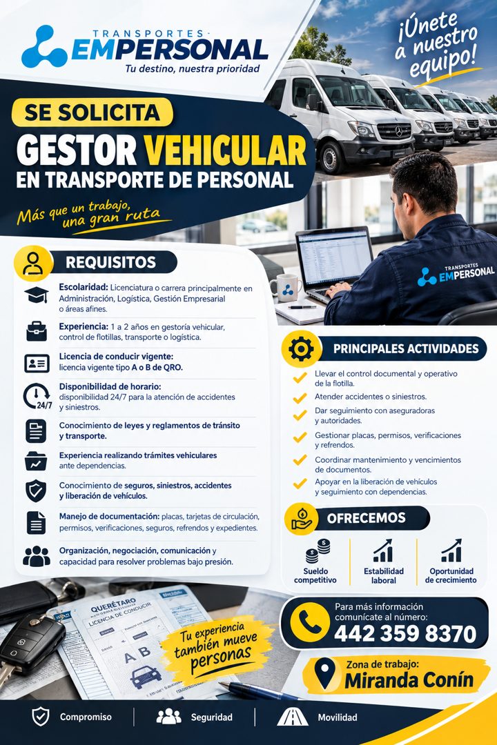 Banner del anuncio de la vacante: TRANSPORTES · EMPERSONAL · Tu destino, nuestra prioridad · SE SOLICITA · GESTOR VEHICULAR · EN TRANSPORTE DE PERSONAL · Más que un trabajo, 