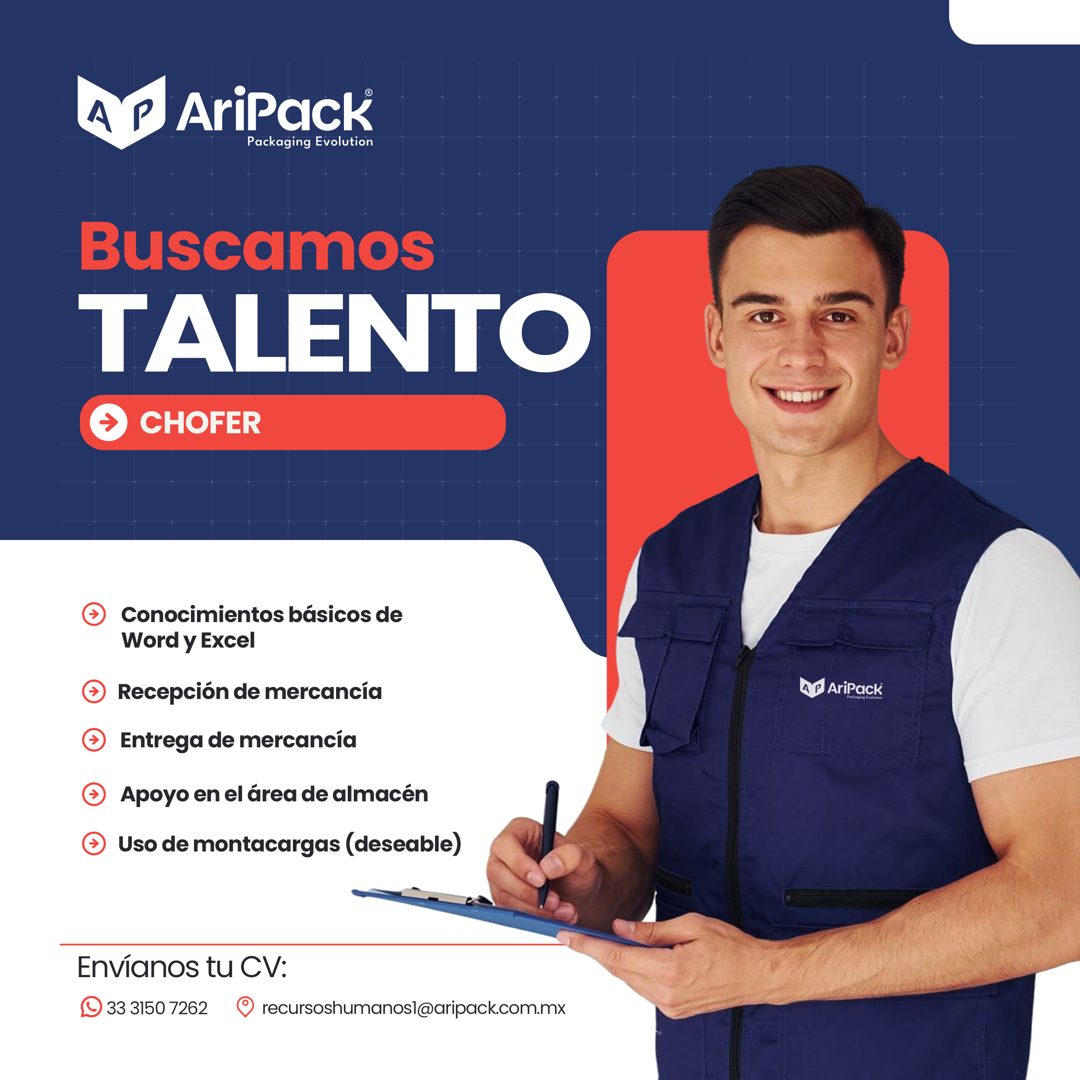 Banner del anuncio de la vacante: AP AriPack · Packaging Evolution · Buscamos · TALENTO · CHOFER · @ Conocimientos básicos de · Word y Excel · • Recepción de mercancía · @ En