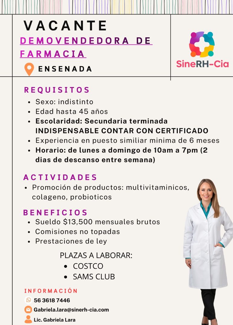 Banner del anuncio de la vacante: VACANTE · DEMOVENDEDORA DE · FARMACIA · ENSENADA · SineRH-Cia · REQUISITOS · • Sexo: indistinto · • Edad hasta 45 años · • Escolaridad: Secu