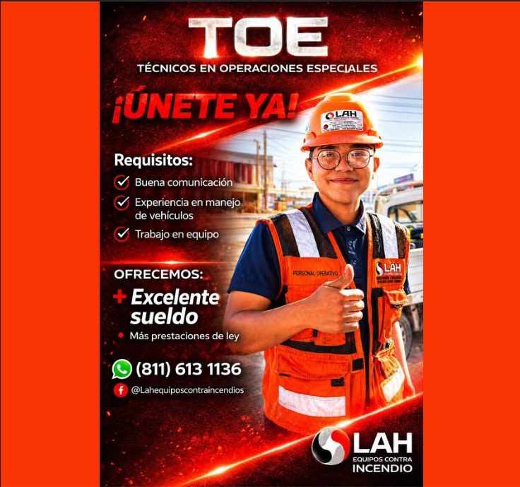 Banner del anuncio de la vacante: TOE · TÉCNICOS EN OPERACIONES ESPECIALES · ¡UNETE YA! · OLAH · Requisitos: · Buena comunicación · Experiencia en manejo · de vehículos · Tra