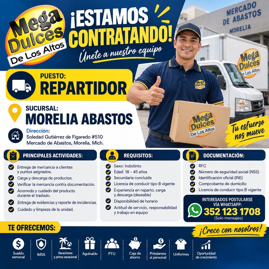 Banner del anuncio de la vacante: Dulces · MeSa · De Los Altos · ¡ESTAMOS · CONTRATANDO! · Unete a nuestro equipo · MERCADO · DE ABASTOS · MORELIA · Mega · Dulces · e Los Alt
