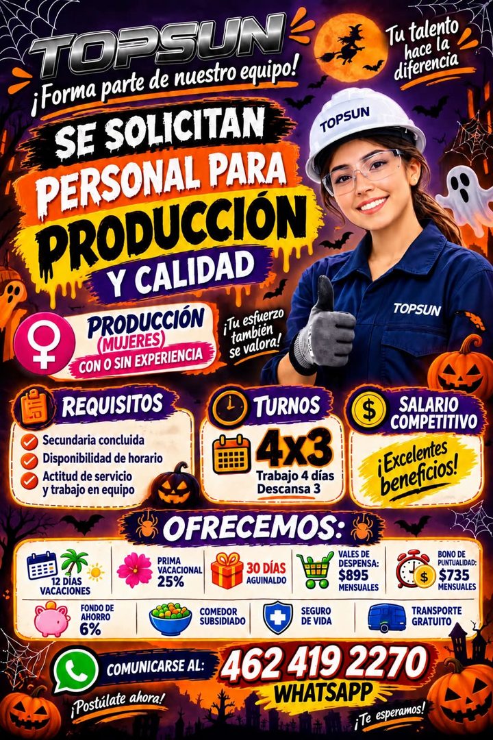 Banner del anuncio de la vacante: TOPSUN · ¡Forma parte de nuestro equipo! · SE SOLICITAN · PERSONAL PARA · PRODUCCIÓN · ME Y CALIDAD · PRODUCCIÓN · (MUJERES) · CON O SIN EXP