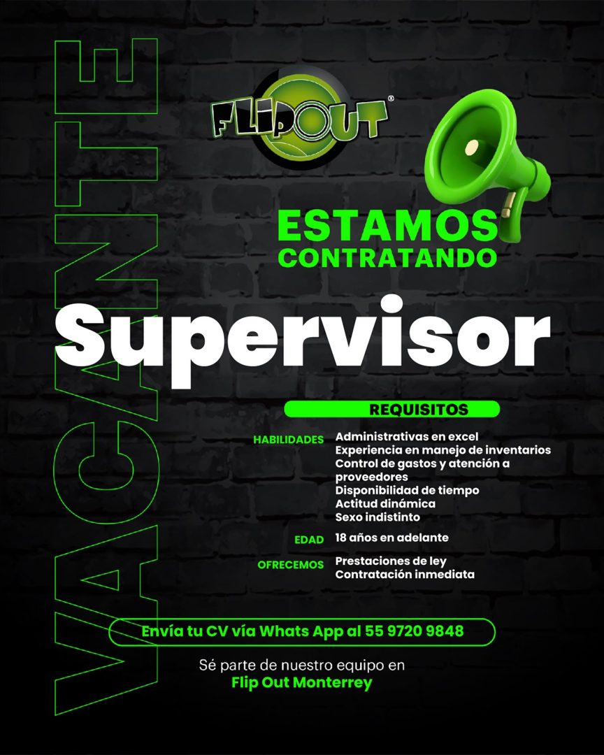 Banner del anuncio de la vacante: FLEDOUT · ESTAMOS · CONTRATANDO · Supervisor · REQUISITOS · HABILIDADES · EDAD · Administrativas en excel · Experiencia en manejo de inventa