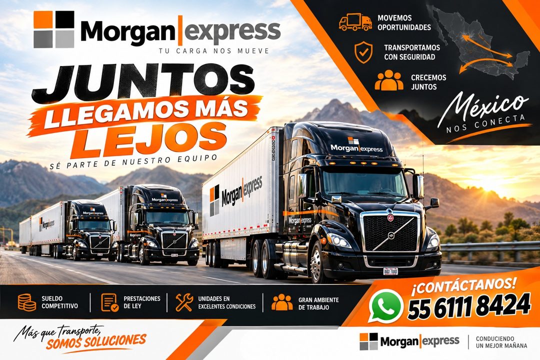 Banner del anuncio de la vacante: Morgan|express · TU CARGA NOS MUEVE · JUNTOS · LLEGAMOS MÁS · LEJOS · SÉ PARTE DE NUESTRO EQUIPO · MOVEMOS · OPORTUNIDADES · TRANSPORTAMOS ·