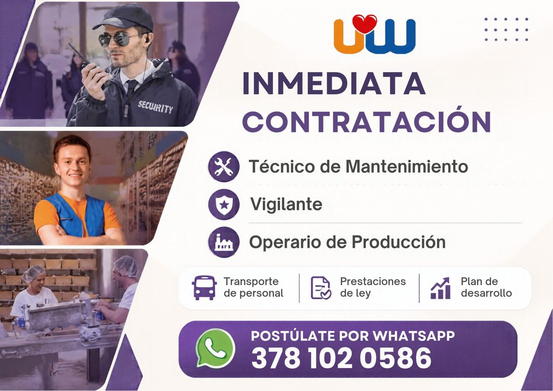 Banner del anuncio de la vacante: SECURITY · INMEDIATA · CONTRATACIÓN · Técnico de Mantenimiento · Vigilante · Operario de Producción · Transporte · de personal · Prestacione