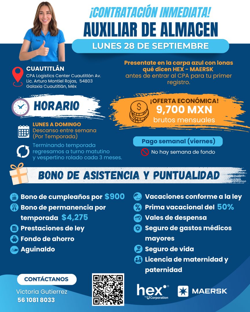 Banner del anuncio de la vacante: ¡CONTRATACIÓN INMEDIATA! · AUXILIAR DE ALMACEN · LUNES 28 DE SEPTIEMBRE · Presentate en la carpa azul con lonas · qué dicen HEX - MAERSK · a