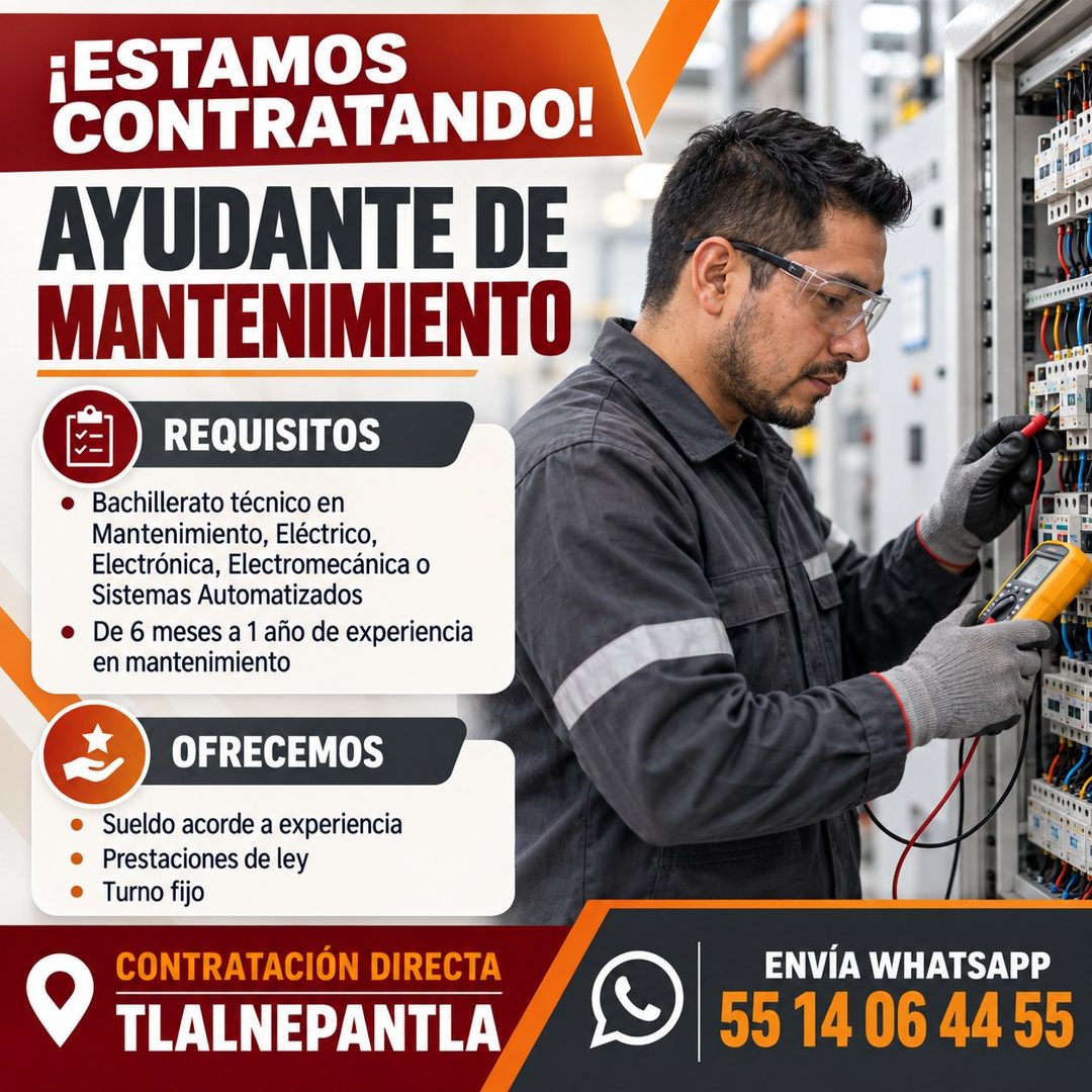 Banner del anuncio de la vacante: -ESTAMOS · CONTRATANDO! · AYUDANTE DE · MANTENIMIENTO · REQUISITOS · Bachillerato técnico en · Mantenimiento, Eléctrico, · Electrónica, Elec