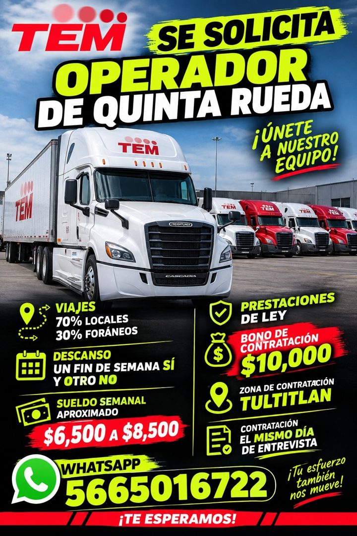 Banner del anuncio de la vacante: TEM® · SE SOLICITA · OPERADOR · DE QUINTA RUEDA · TEM · jÚNETES · A NUESTRO · EQUIPO! · TEM · TEM · TEM · FRLIGHTUNER · TEM · → · VIAJES · 7