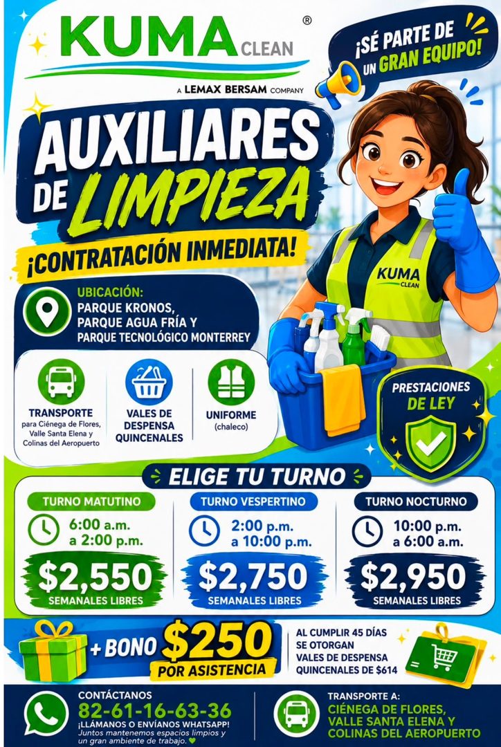Banner del anuncio de la vacante: KUMA CLEAN · A LEMAX BERSAM COMPANY · AUXILIARES · DE LIMPIEZA · ¡CONTRATACIÓN INMEDIATA! · UBICACIÓN: · PARQUE KRONOS, · PARQUE AGUA FRÍA Y