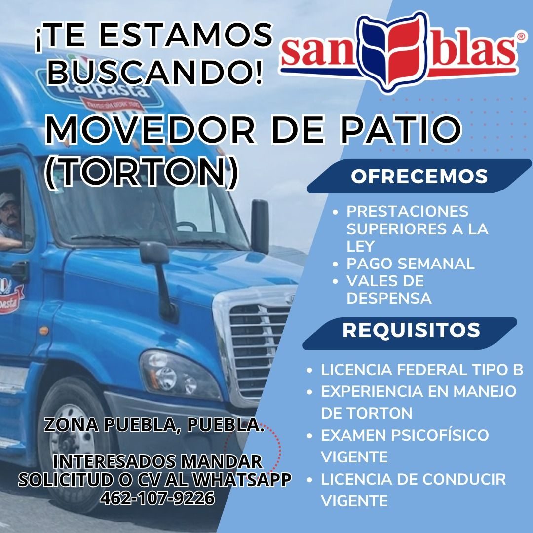 Banner del anuncio de la vacante: vesta · ¡TE ESTAMOS · san · BUSCANDO! · H blas® · MOVEDOR DE PATIO · (TORTON) · OFRECEMOS · • PRESTACIONES · SUPERIORES A LA · LEY · • PAGO 
