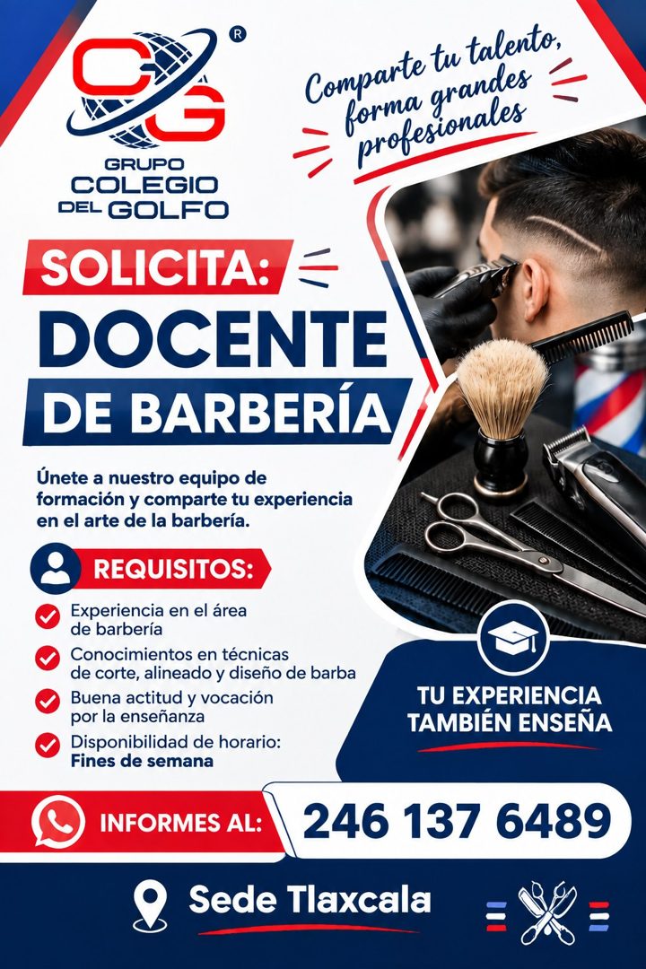 Banner del anuncio de la vacante: IG · GRUPO · COLEGIO · DEL GOLFO · SOLICITA: · DOCENTE · DE BARBERÍA · Únete a nuestro equipo de · formación y comparte tu experiencia · en 