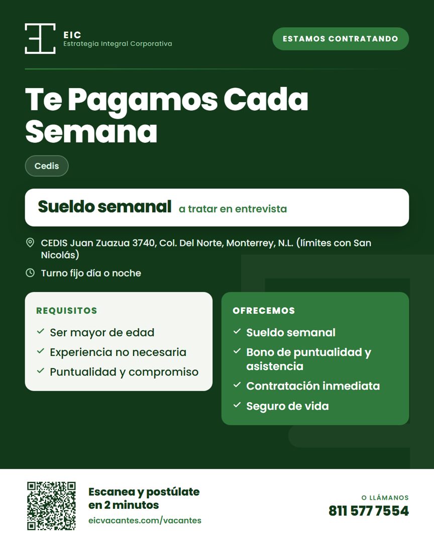 Banner del anuncio de la vacante: TE se mora coparena · ESTAMOS CONTRATANDO · Te Pagamos Cada · Semana · Cedis · Sueldo semanal a tratar en entrevista · • CEDIS Juan Zuazua 3