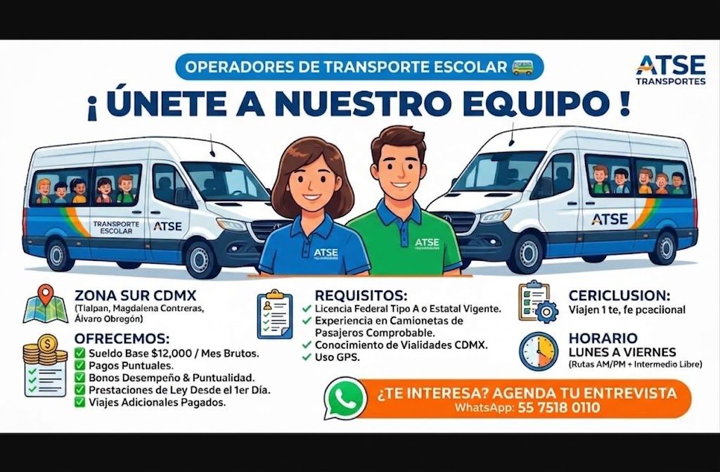 Banner del anuncio de la vacante: OPERADORES DE TRANSPORTE ESCOLAR · ¡ ÚNETE A NUESTRO EQUIPO ! · ATSE · TRANSPORTES · ATSE · TRANSPORTE · ESCOLAR · ATSE · ATSE · ATSE · ZONA