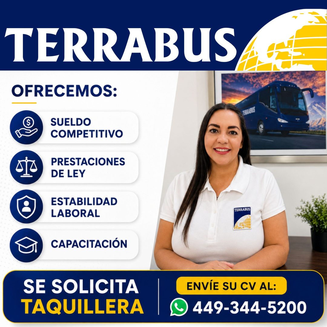 Banner del anuncio de la vacante: TERRABUS · OFRECEMOS: · TERANS · SUELDO · COMPETITIVO · PRESTACIONES · DE LEY · ESTABILIDAD · LABORAL · TERRABUS · CAPACITACIÓN · SE SOLICIT