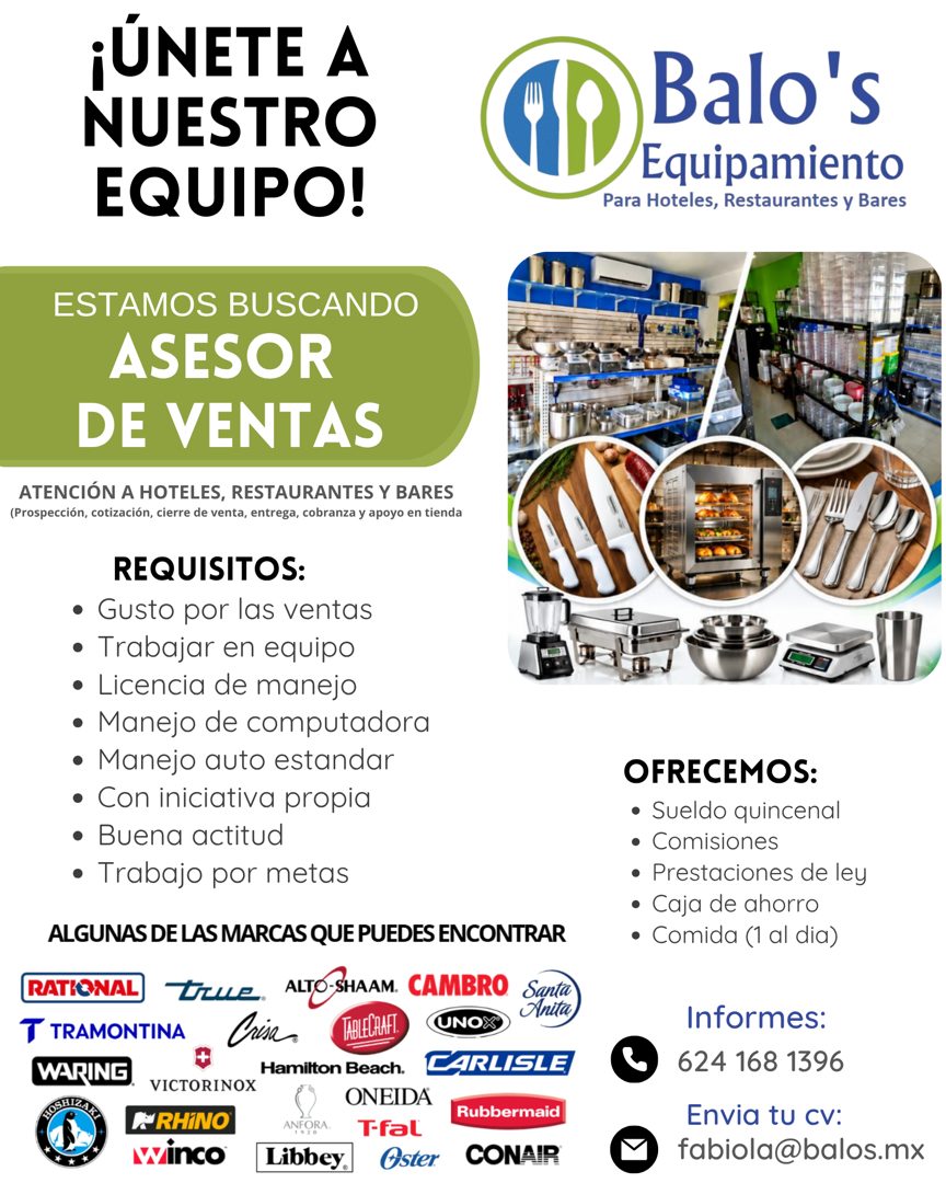 Banner del anuncio de la vacante: ¡ÚNETE A · NUESTRO · EQUIPO! · Balo's · Equipamiento · Para Hoteles, Restaurantes y Bares · ESTAMOS BUSCANDO · ASESOR · DE VENTAS · ATENCIÓN