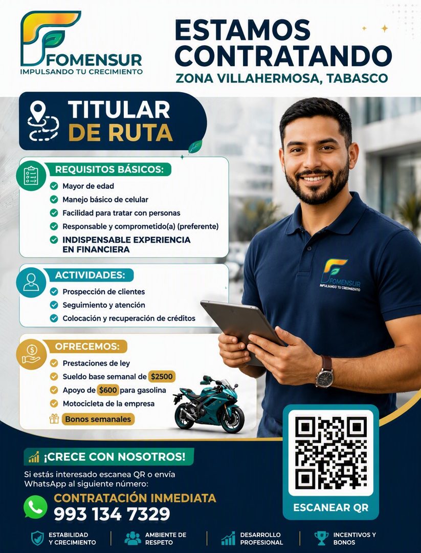 Banner del anuncio de la vacante: FOMENSUR · IMPULSANDO TU CRECIMIENTO · ESTAMOS · CONTRATANDO · ZONA VILLAHERMOSA, TABASCO · TITULAR · DE RUTA · REQUISITOS BÁSICOS: · • Mayo