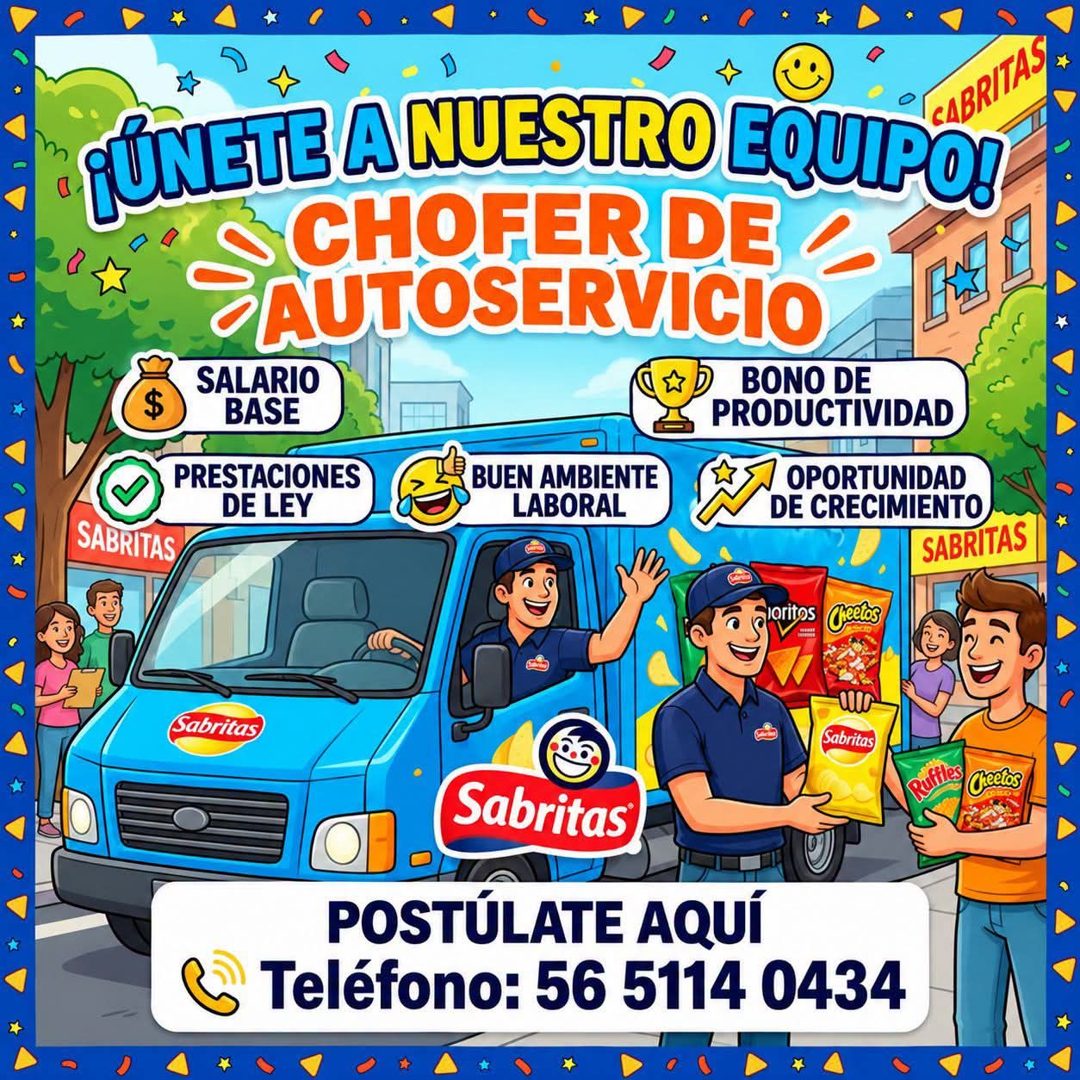 Banner del anuncio de la vacante: CABRITAS · PUNETE A NUESTRO EOCUPO! · CHOFER DE · AUTOSERVICIO · SALARIO · BONO DE · BASE · PRODUCTIVIDAD · PRESTACIONES · DE LEY · BUEN AMB