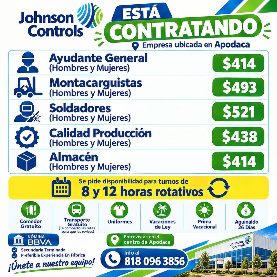 Banner del anuncio de la vacante: Johnson · Controls · ESTÁ · CONTRATANDO = · • Empresa ubicada en Apodaca · Ayudante General · (Hombres y Mujeres) · $414 · Montacarguistas ·