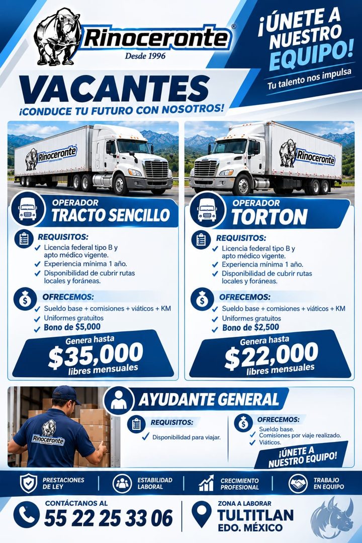Banner del anuncio de la vacante: Rinoceronte · Desde 1996 · VACANTES · ¡CONDUCE TU FUTURO CON NOSOTROS! · ¡ÚNETE A · NUESTRO · EQUIPO! · Tu talento nos impulsa · Rinoceronte