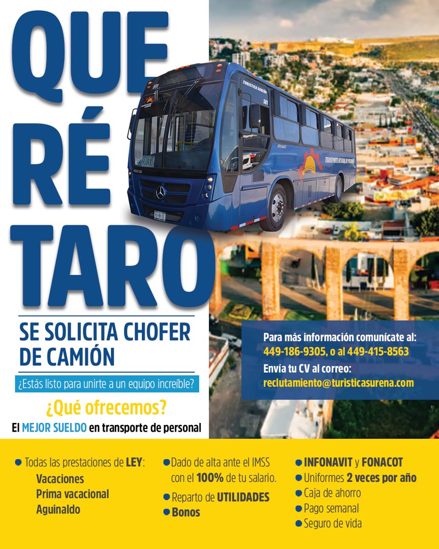 Banner del anuncio de la vacante: QUE · TURISTICA SURINA · RE · TARO · SE SOLICITA CHOFER · DE CAMION · ¿Estás listo para unirte a un equipo increíble? · ¿Qué ofrecemos? · EI