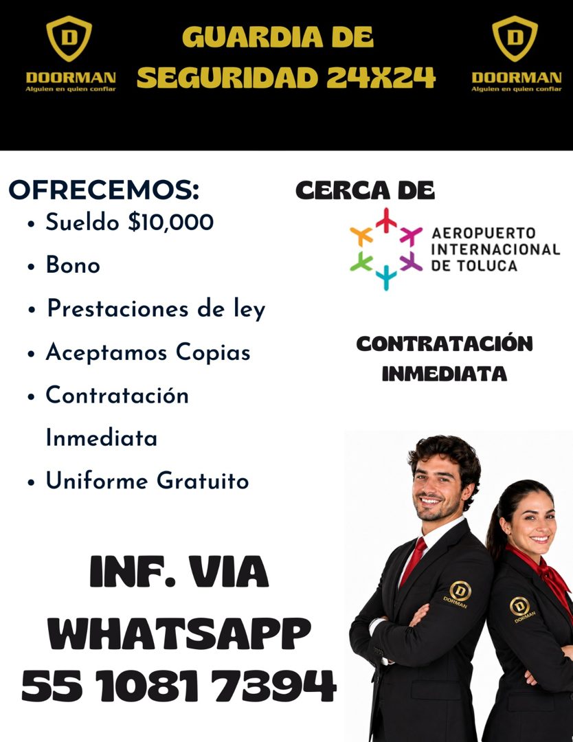 Banner del anuncio de la vacante: DOORMAN · Alguien en quien confiar · GUARDIA DE · SEGURIDAD 24X24 · DOORMAN · Alguien en quien confiar · OFRECEMOS: · • Sueldo $10,000 · • B
