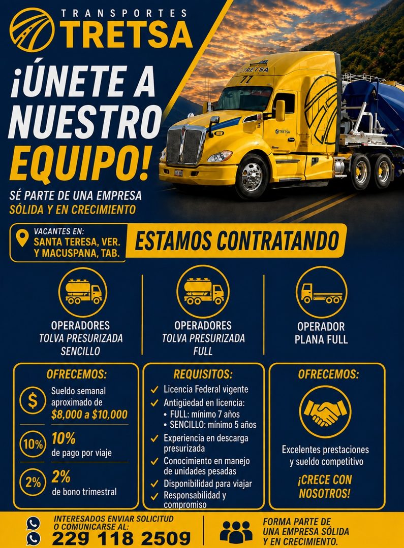 Banner del anuncio de la vacante: TRANSPORTES · TRETSA · ¡ÚNETE A · NUESTRO · EQUIPO! · SÉ PARTE DE UNA EMPRESA · SÓLIDA Y EN CRECIMIENTO · VACANTES EN: · SANTA TERESA, VER. 