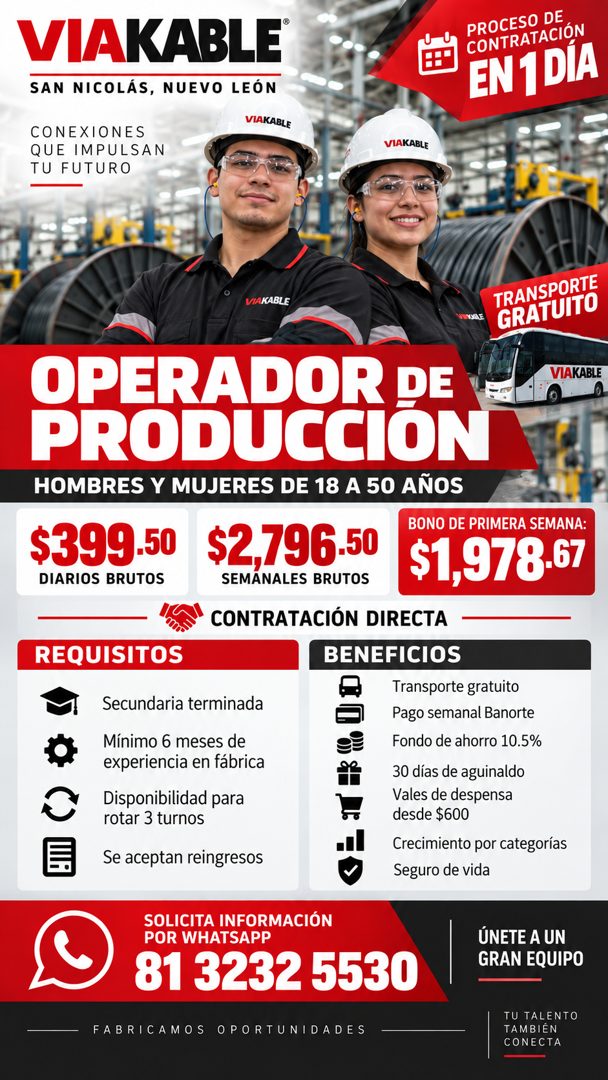 Banner del anuncio de la vacante: VIAKABLE® · SAN NICOLÁS, NUEVO LEON · VIAKABLE · CONEXIONES · QUE IMPULSAN · TU FUTURO · PROCESO DE · CONTRATACIÓN · EN 1 DIA · VIAKABLE · V