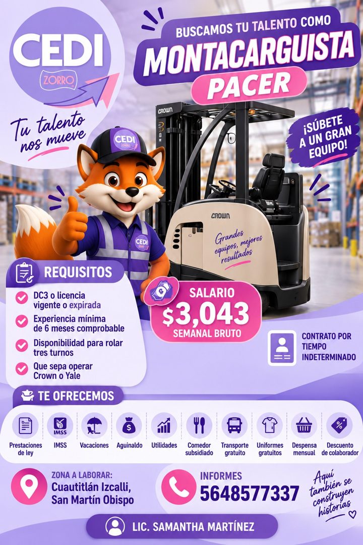 Banner del anuncio de la vacante: CEDI · ZORRO · Tu talento · nos mueve · BUSCAMOS TU TALENTO COMO · MONTACARGUISTA · PACER · CROWn · CEDI · ¡SÚBETE · A UN GRAN · EQUIPO! · C