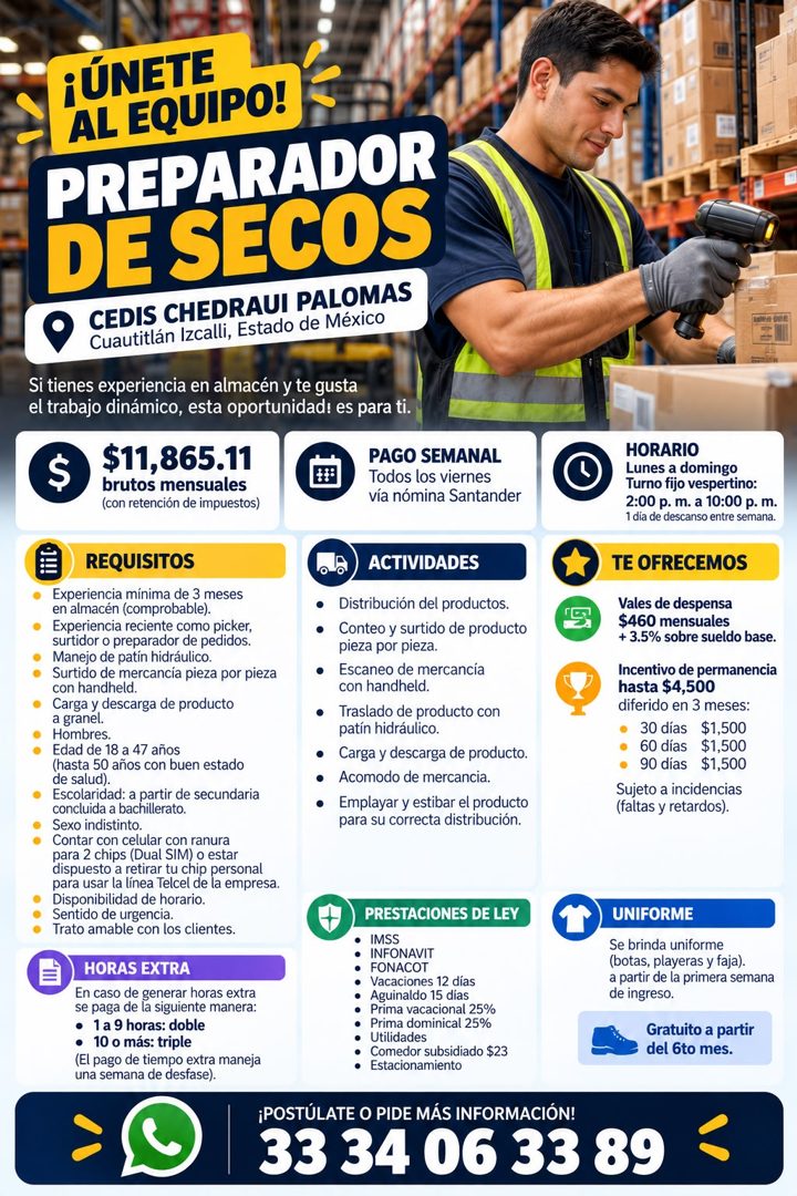 Banner del anuncio de la vacante: ¡ÚNETE · AL EQUIPO! · PREPARADOR · DE SECOS · CEDIS CHEDRAUI PALOMAS · Cuautitlán Izcalli, Estado de México · Si tienes experiencia en almac
