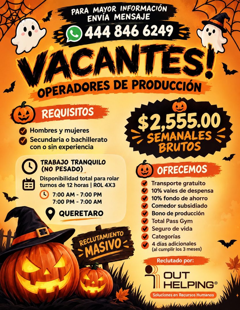 Banner del anuncio de la vacante: PARA MAYOR INFORMACIÓN · ENVÍA MENSAJE · 444 846 6249 · VACANTES! · OPERADORES DE PRODUCCIÓN · REQUISITOS · Hombres y mujeres · Secundaria o