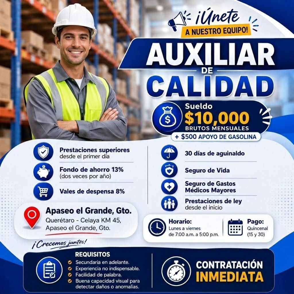 Banner del anuncio de la vacante: Prestaciones superiores · desde el primer día · Fondo de ahorro 13% · (dos veces por año) · Vales de despensa 8% · Apaseo el Grande, Gto. · 