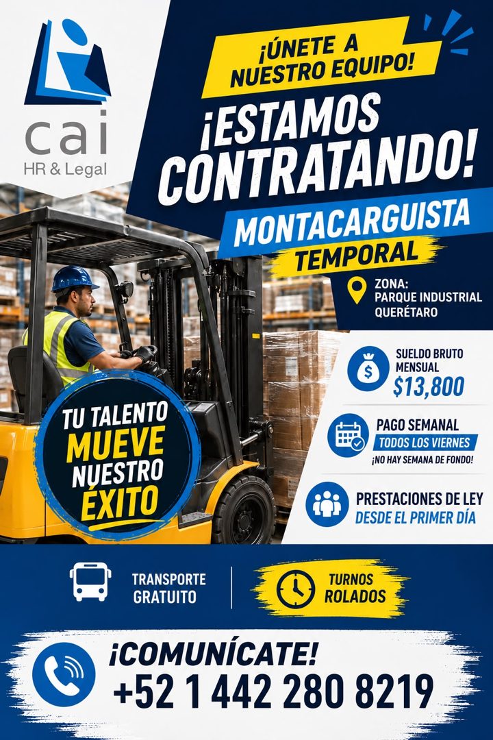 Banner del anuncio de la vacante: cal · HR & Legal · TU TALENTO · MUEVE · NUESTRO · EXITO · ¡ÚNETE A · NUESTRO EQUIPO! · ¡ESTAMOS · CONTRATANDO! · MONTACARGUISTA · TEMPORAL ·