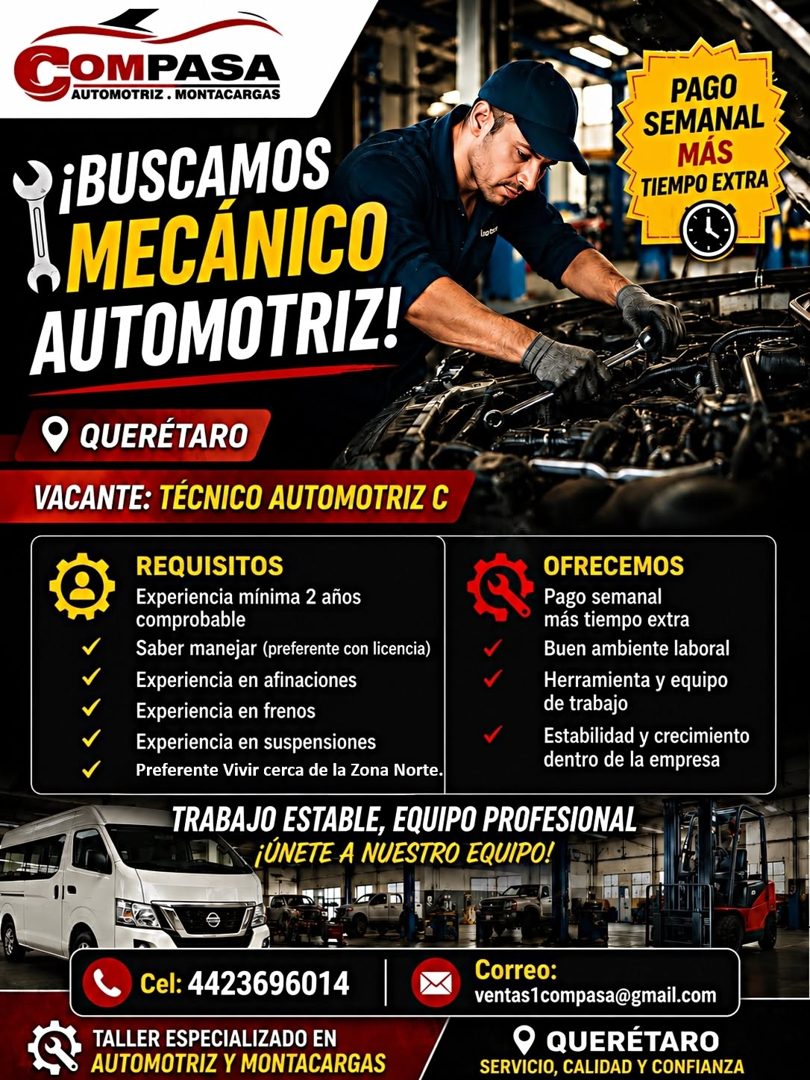 Banner del anuncio de la vacante: COMPASA · AUTOMOTRIZ. MONTACARGAS · ¡BUSCAMOS · MECÁNICO · AUTOMOTRIZ! · • QUERÉTARO · VACANTE: TÉCNICO AUTOMOTRIZ C · REQUISITOS · Experien