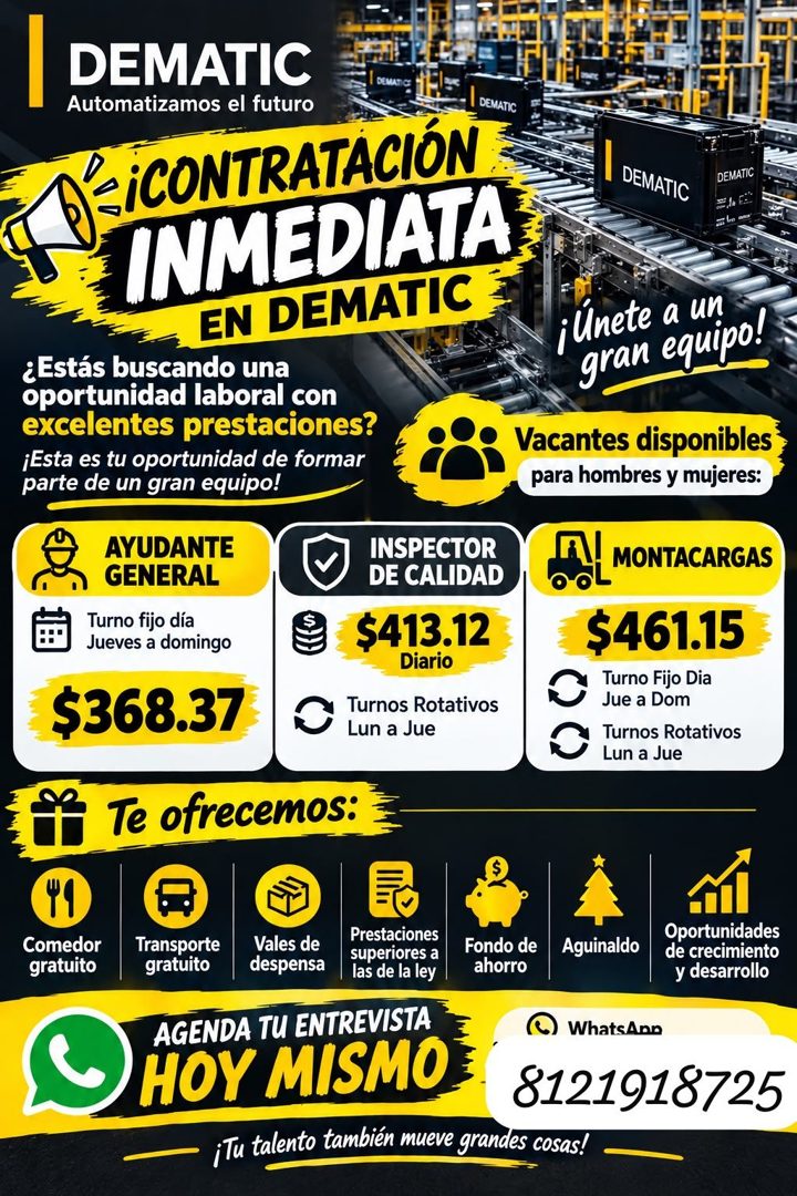 Banner del anuncio de la vacante: DEMATIC · EMATICK · Automatizamos el futuro · DEMATIC · '-iCONTRATACIÓN · INMEDIATA · EN DEMATIC · ¿Estás buscando una · oportunidad laboral