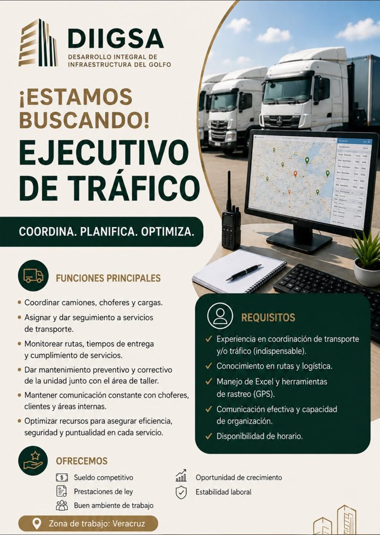 Banner del anuncio de la vacante: DIIGSA · DESARROLLO INTEGRAL DE · INFRAESTRUCTURA DEL GOLFO · ¡ESTAMOS · BUSCANDO! · EJECUTIVO · DE TRÁFICO · COORDINA. PLANIFICA. OPTIMIZA.