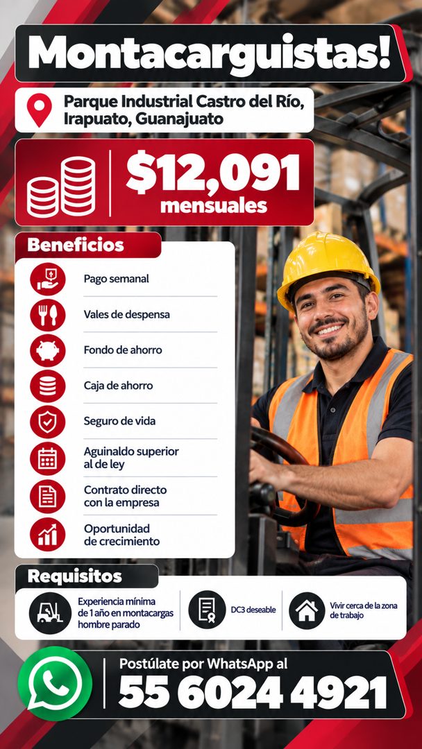 Banner del anuncio de la vacante: Montacarguistas! · Parque Industrial Castro del Río, · Irapuato, Guanajuato · $12,091 · mensuales · Beneficios · Pago semanal · Vales de des