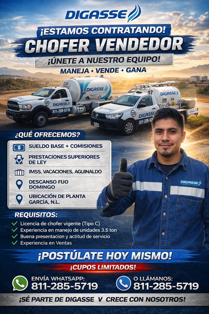 Banner del anuncio de la vacante: DIGASSE · ¡ESTAMOS CONTRATANDO! · CHOFER VENDEDOR · ¡ÚNETE A NUESTRO EQUIPO! · MANEJA • VENDE • GANA · DIGASSE · DIGASSE · DIGASSE/ · 811-28