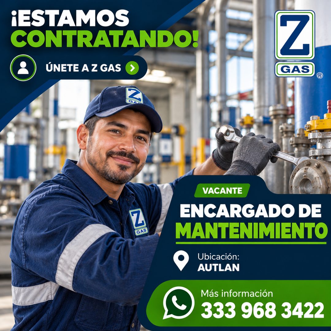 Banner del anuncio de la vacante: ¡ESTAMOS · CONTRATANDO! · ÚNETE AZ GAS · Z · GAS · Z · GAS · VACANTE · ENCARGADO DE · MANTENIMIENTO · Ubicación: · AUTLAN · Más información 