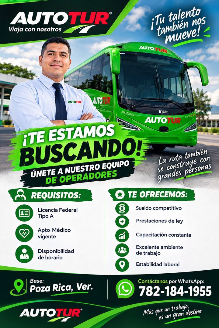 Banner del anuncio de la vacante: AUTOTUR® · Viaja con nosotros · ¡Tu talento · también nos · mueve! · AUTOTUR · AUTOTUR · AUTO TUR · PURET O · Irizar · AUTOTUR · ¡TE ESTAMOS