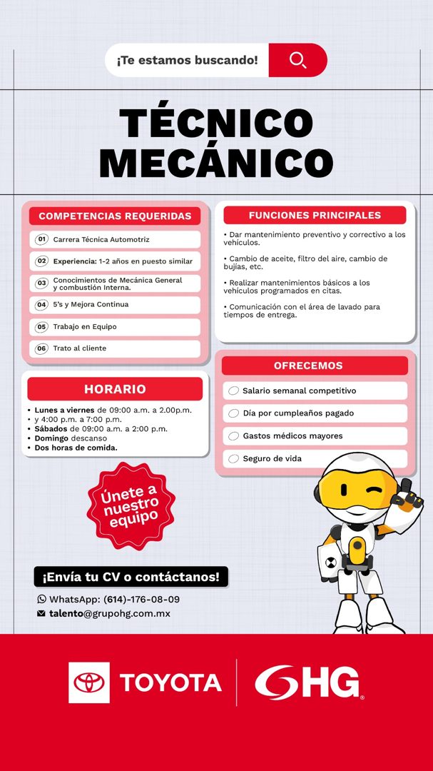 Banner del anuncio de la vacante: ¡Te estamos buscando! · TÉCNICO · MECÁNICO · COMPETENCIAS REQUERIDAS · 02 · 03) · 04 · 05 · 06 · Carrera Técnica Automotriz · Experiencia: 1