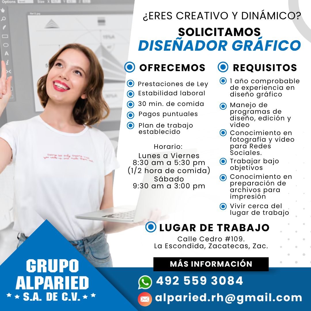 Banner del anuncio de la vacante: Options · Size · GRUPO · ALPARIED · * * S.A. DE C.V.** · ¿ERES CREATIVO Y DINÁMICO? · SOLICITAMOS · DISENADOR GRÁFICO · • OFRECEMOS O REQUIS