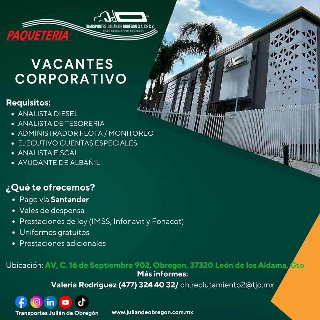Banner del anuncio de la vacante: TRANSPORTES JULIAN DE OBREGON S.A. DE C.V. · EVOLUCIONANDO CONTIGO · PAQUETERÍA · VACANTES · CORPORATIVO · Requisitos: · • ANALISTA DIESEL ·